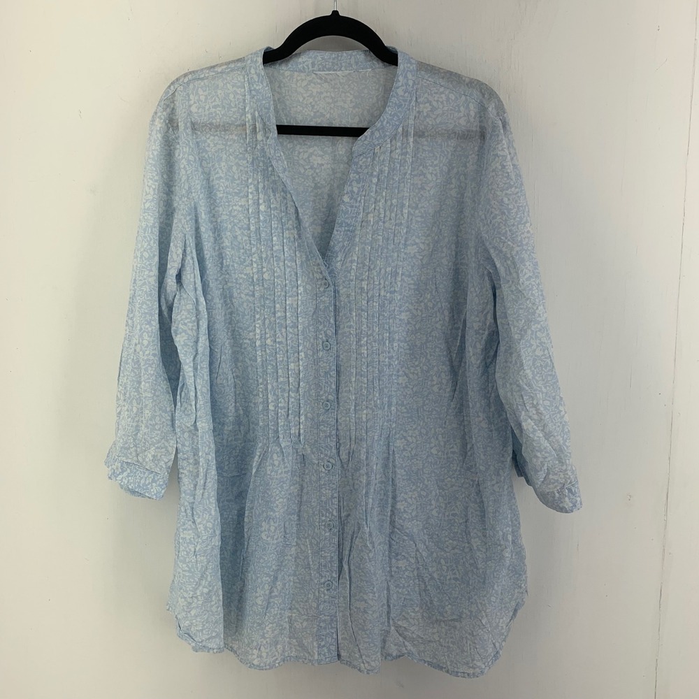 Blue Floral Pintuck 3/4 Sleeve Cotton Tunic Top Womens 2X Coastal Lightweight